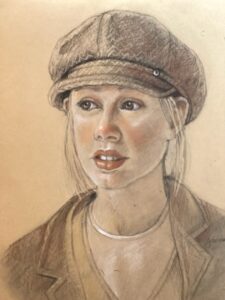 Girl in a Herringbone Cap Charcoal and pastel pencil