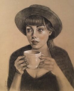 Morning Coffee Charcoal and pastel Lost Creek Gallery