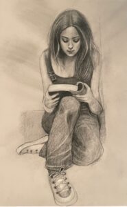 She Loved to Read 20x30 charcoal